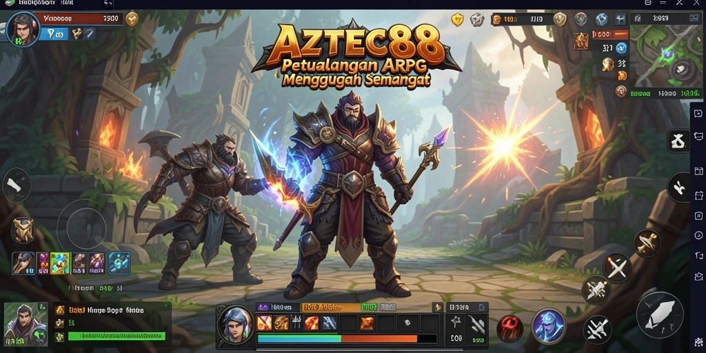 Screenshot utama AZTEC88 menampilkan aksi seru dalam pertempuran ARPG.