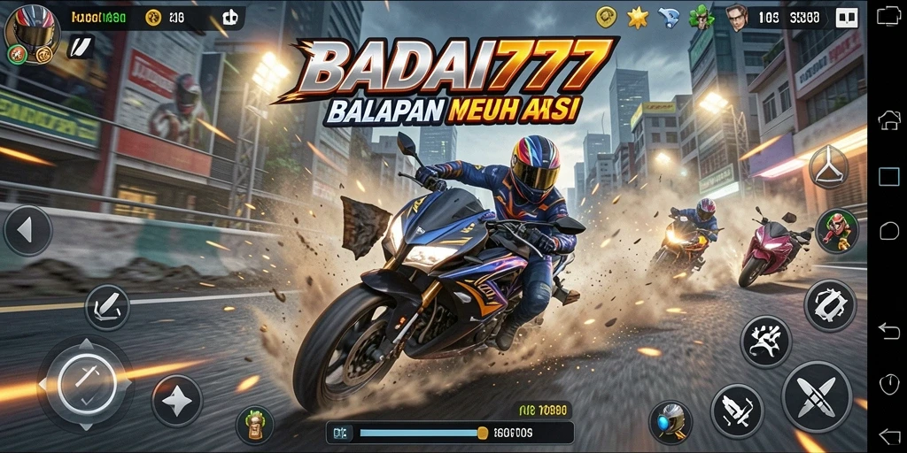 Tampilan screenshot utama BADAI777 menampilkan momen balapan yang mendebarkan dengan motor melaju kencang.