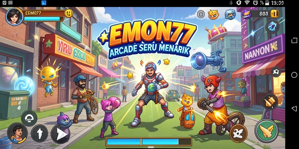 Tangkapan layar gameplay EMON77 yang penuh aksi dan warna-warni.