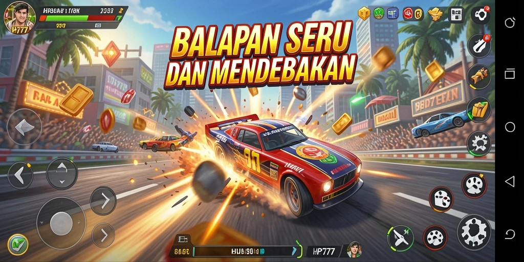 Screenshot gameplay HP777 menunjukkan aksi balap yang menegangkan.