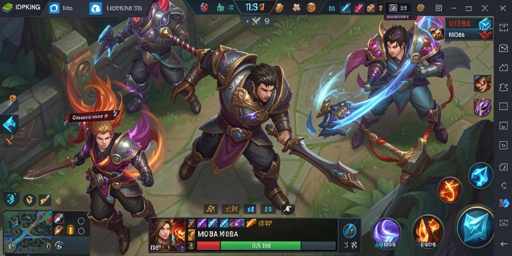Gambar layar gameplay <strong>IDPKING</strong> yang menampilkan aksi pertempuran MOBA yang mendebarkan.