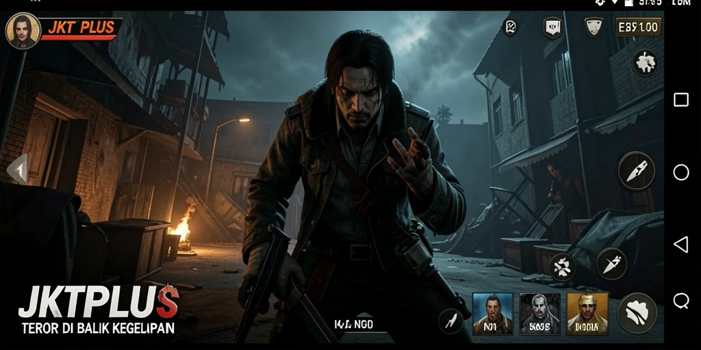 Screenshot utama JKTPLUS menampilkan aksi gameplay horor yang mendebarkan.