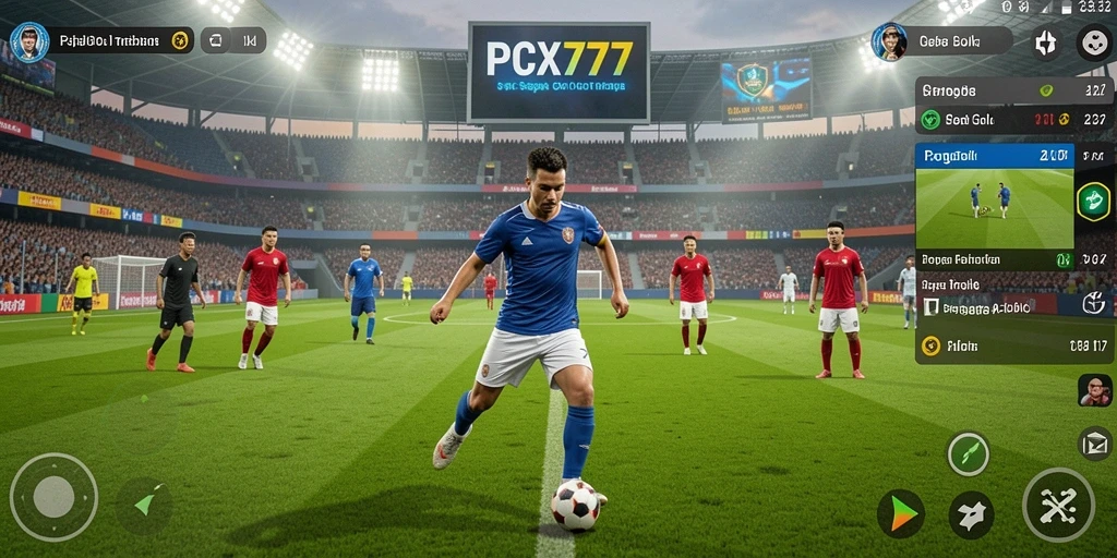 Tampilan gameplay PCX777 menampilkan aksi sepak bola mendebarkan.