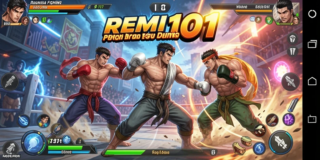 Tampilan layar pertarungan penuh aksi dalam REMI101.