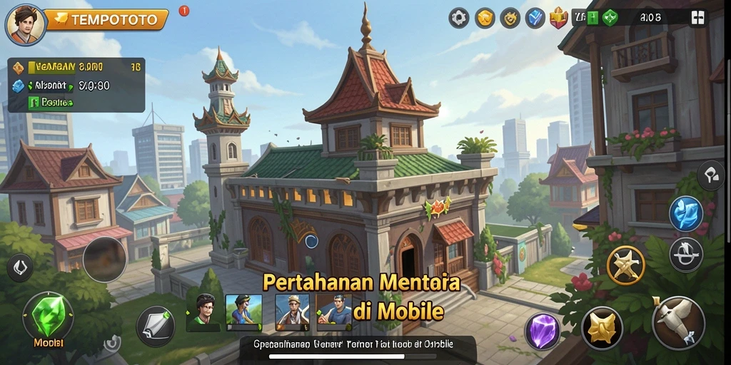 Screenshot gameplay TEMPOTOTO menunjukkan pertahanan menara yang dinamis.